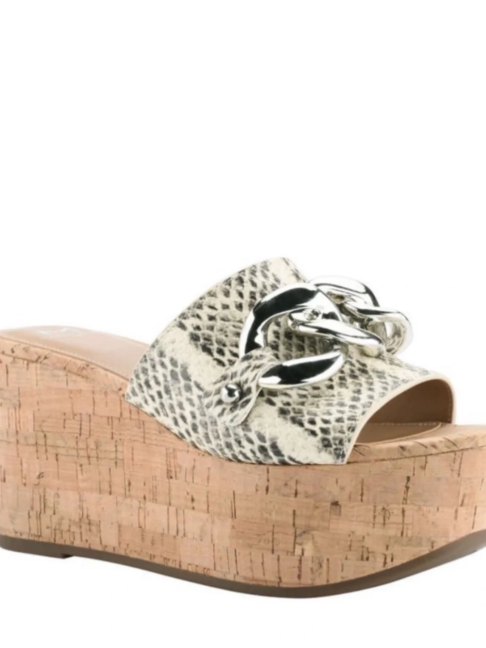 Marc Fisher Womens Snake-Print Cork Platform Slide with Silver Chain “Vaneda”